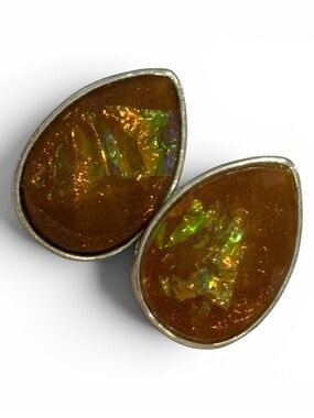 Vintage Amber Tone Iridescent Teardrop Statement Clip-On Earrings Retro Boho